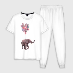 Мужская пижама хлопок с принтом Слоник-подарок в Белгороде, 100% хлопок | брюки и футболка прямого кроя, без карманов, на брюках мягкая резинка на поясе и по низу штанин
 | акварель | воздушные шары | легкость | подарок | слон | слоник | шарики | шары