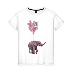 Женская футболка хлопок с принтом Слоник-подарок в Белгороде, 100% хлопок | прямой крой, круглый вырез горловины, длина до линии бедер, слегка спущенное плечо | акварель | воздушные шары | легкость | подарок | слон | слоник | шарики | шары