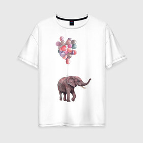Женская футболка хлопок Oversize с принтом Слоник-подарок в Белгороде, 100% хлопок | свободный крой, круглый ворот, спущенный рукав, длина до линии бедер
 | акварель | воздушные шары | легкость | подарок | слон | слоник | шарики | шары