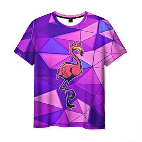 Мужская футболка 3D с принтом Фламинго в Белгороде, 100% полиэфир | прямой крой, круглый вырез горловины, длина до линии бедер | bird | flyer | fowl | poultry | seabird | triangle | абстракция | животные | птицы | текстуры | тренд | треугольники | фламинго