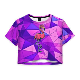 Женская футболка 3D укороченная с принтом Фламинго в Белгороде, 100% полиэстер | круглая горловина, длина футболки до линии талии, рукава с отворотами | bird | flyer | fowl | poultry | seabird | triangle | абстракция | животные | птицы | текстуры | тренд | треугольники | фламинго