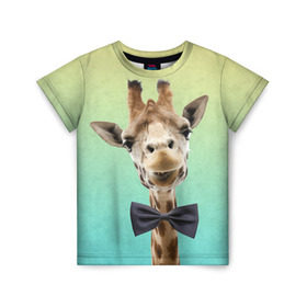 Детская футболка 3D с принтом Жираф и бабочка в Белгороде, 100% гипоаллергенный полиэфир | прямой крой, круглый вырез горловины, длина до линии бедер, чуть спущенное плечо, ткань немного тянется | Тематика изображения на принте: жираф