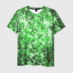 Мужская футболка 3D с принтом Камуфляж зеленые соты в Белгороде, 100% полиэфир | прямой крой, круглый вырез горловины, длина до линии бедер | Тематика изображения на принте: армия | болото | зеленка | зеленый | камок | камуфляж | лес | маскировка | мундир | натовка | охотник | пазл | прикольный | рыбак | солдат | яркий