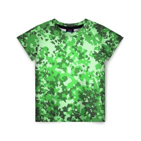 Детская футболка 3D с принтом Камуфляж зеленые соты в Белгороде, 100% гипоаллергенный полиэфир | прямой крой, круглый вырез горловины, длина до линии бедер, чуть спущенное плечо, ткань немного тянется | Тематика изображения на принте: армия | болото | зеленка | зеленый | камок | камуфляж | лес | маскировка | мундир | натовка | охотник | пазл | прикольный | рыбак | солдат | яркий