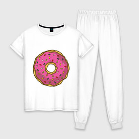 Женская пижама хлопок с принтом Пончик в Белгороде, 100% хлопок | брюки и футболка прямого кроя, без карманов, на брюках мягкая резинка на поясе и по низу штанин | bart | homer | simpsons | барт | гомер | еда | мульт | мультфильм | пончик | симпсоны | спрингфилд