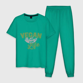 Мужская пижама хлопок с принтом Vegan for Life в Белгороде, 100% хлопок | брюки и футболка прямого кроя, без карманов, на брюках мягкая резинка на поясе и по низу штанин
 | green | vegan | yoga | веган | вегетарианец | вегетарианство | витамины | здоровье | зеленый | зож | йога | овощи | фрукты