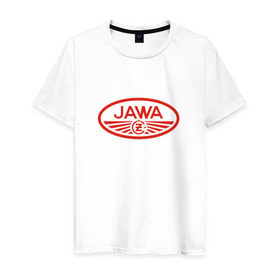 Мужская футболка хлопок с принтом Мотоцикл Jawa логотип в Белгороде, 100% хлопок | прямой крой, круглый вырез горловины, длина до линии бедер, слегка спущенное плечо. | Тематика изображения на принте: jawa | мотоцикл | ява