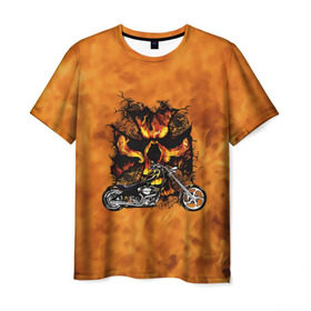 Мужская футболка 3D с принтом Череп в огне, байк в Белгороде, 100% полиэфир | прямой крой, круглый вырез горловины, длина до линии бедер | байкер | мотоцикл | огонь | череп
