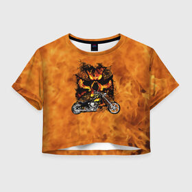 Женская футболка 3D укороченная с принтом Череп в огне, байк в Белгороде, 100% полиэстер | круглая горловина, длина футболки до линии талии, рукава с отворотами | байкер | мотоцикл | огонь | череп