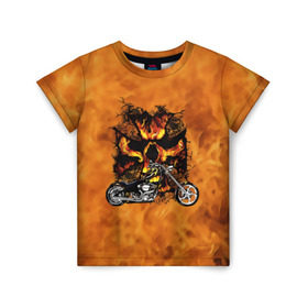 Детская футболка 3D с принтом Череп в огне, байк в Белгороде, 100% гипоаллергенный полиэфир | прямой крой, круглый вырез горловины, длина до линии бедер, чуть спущенное плечо, ткань немного тянется | Тематика изображения на принте: байкер | мотоцикл | огонь | череп