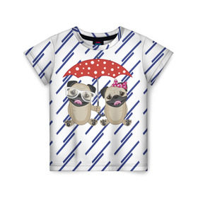 Детская футболка 3D с принтом Мопсики в Белгороде, 100% гипоаллергенный полиэфир | прямой крой, круглый вырез горловины, длина до линии бедер, чуть спущенное плечо, ткань немного тянется | 3d | арт | дождь | животные | полосы | собаки | текстуры