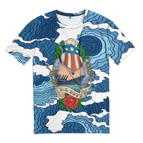 Мужская футболка 3D с принтом U.S.Navy в Белгороде, 100% полиэфир | прямой крой, круглый вырез горловины, длина до линии бедер | Тематика изображения на принте: 3d | blue | брызги | вмф | вода | военный | волны | исторический | капли | корабль | лето | море | моряк | океан | природа | фрегат | шторм