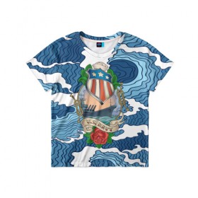 Детская футболка 3D с принтом U.S.Navy в Белгороде, 100% гипоаллергенный полиэфир | прямой крой, круглый вырез горловины, длина до линии бедер, чуть спущенное плечо, ткань немного тянется | 3d | blue | брызги | вмф | вода | военный | волны | исторический | капли | корабль | лето | море | моряк | океан | природа | фрегат | шторм