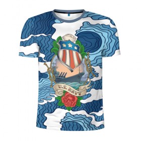 Мужская футболка 3D спортивная с принтом U.S.Navy в Белгороде, 100% полиэстер с улучшенными характеристиками | приталенный силуэт, круглая горловина, широкие плечи, сужается к линии бедра | Тематика изображения на принте: 3d | blue | брызги | вмф | вода | военный | волны | исторический | капли | корабль | лето | море | моряк | океан | природа | фрегат | шторм