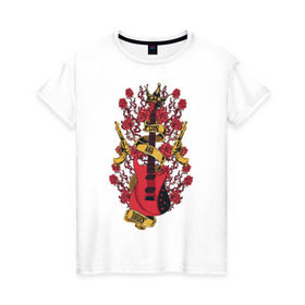Женская футболка хлопок с принтом Guns`n`Roses в Белгороде, 100% хлопок | прямой крой, круглый вырез горловины, длина до линии бедер, слегка спущенное плечо | guitar | gun | guns | music | rock | rose | roses | гитара | музыка | пистолет | розы | рок