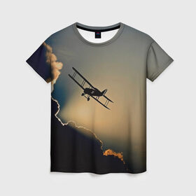 Женская футболка 3D с принтом Покоритель небес в Белгороде, 100% полиэфир ( синтетическое хлопкоподобное полотно) | прямой крой, круглый вырез горловины, длина до линии бедер | закат | кукурузник | небо | облака | самолёт | силуэт