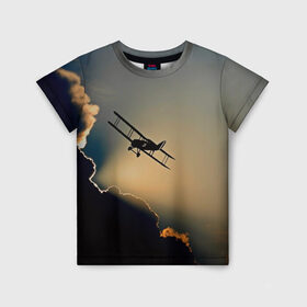 Детская футболка 3D с принтом Покоритель небес в Белгороде, 100% гипоаллергенный полиэфир | прямой крой, круглый вырез горловины, длина до линии бедер, чуть спущенное плечо, ткань немного тянется | Тематика изображения на принте: закат | кукурузник | небо | облака | самолёт | силуэт