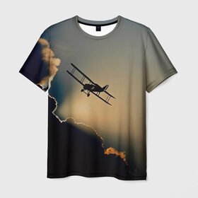 Мужская футболка 3D с принтом Покоритель небес в Белгороде, 100% полиэфир | прямой крой, круглый вырез горловины, длина до линии бедер | Тематика изображения на принте: закат | кукурузник | небо | облака | самолёт | силуэт