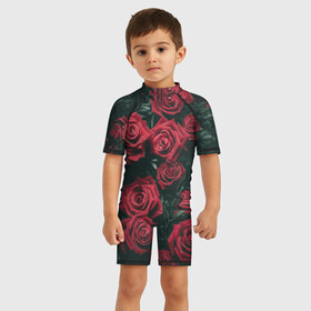Детский купальный костюм 3D с принтом Бархатные розы в Белгороде, Полиэстер 85%, Спандекс 15% | застежка на молнии на спине | бархат | бутоны | роза | розы | цветы