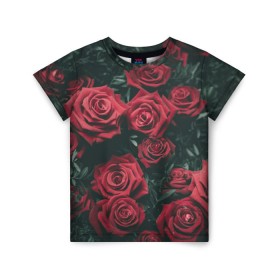 Детская футболка 3D с принтом Бархатные розы в Белгороде, 100% гипоаллергенный полиэфир | прямой крой, круглый вырез горловины, длина до линии бедер, чуть спущенное плечо, ткань немного тянется | Тематика изображения на принте: бархат | бутоны | роза | розы | цветы