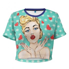 Женская футболка 3D укороченная с принтом Pop Art в Белгороде, 100% полиэстер | круглая горловина, длина футболки до линии талии, рукава с отворотами | горошек | губы | девушка | кружочки | поп арт | поцелуй | сердечки | текстура