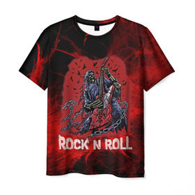 Мужская футболка 3D с принтом Мертвый гитарист в Белгороде, 100% полиэфир | прямой крой, круглый вырез горловины, длина до линии бедер | rock | ворон | гитара | гитарист | жанр | космос | красный | мертвец | металл | музыка | надпись | панк | песня | птицы | рок | рок н рол | скелет | стиль | хард | хой | цепи | череп | я люблю рок