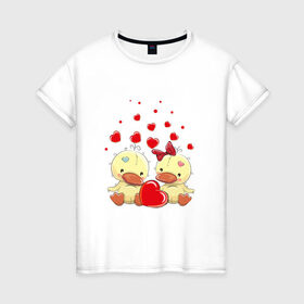 Женская футболка хлопок с принтом Влюбленные утята в Белгороде, 100% хлопок | прямой крой, круглый вырез горловины, длина до линии бедер, слегка спущенное плечо | арт | день влюбленных | день святого валентина | животные | любовь | птицы | сердечки
