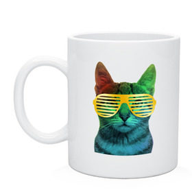 Кружка с принтом Кот в очках в Белгороде, керамика | объем — 330 мл, диаметр — 80 мм. Принт наносится на бока кружки, можно сделать два разных изображения | cat | kitty | space | животные | космос | кот | котенок | кошка | очки | радуга | цвет
