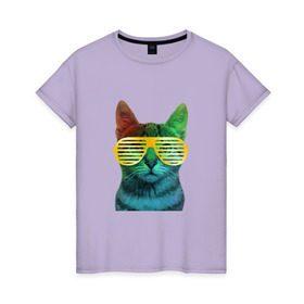 Женская футболка хлопок с принтом Кот в очках в Белгороде, 100% хлопок | прямой крой, круглый вырез горловины, длина до линии бедер, слегка спущенное плечо | cat | kitty | space | животные | космос | кот | котенок | кошка | очки | радуга | цвет