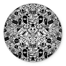 Коврик круглый с принтом Tokyo Tattoo Sticker Bomb в Белгороде, резина и полиэстер | круглая форма, изображение наносится на всю лицевую часть | Тематика изображения на принте: casual | design | pattern | ray ban | skull | street | texture | urban | дизайн | индеец | мода | очки | повтор | принт | стикербомб | стикеры | тату | текстура | узор | улица | хулиган | череп | шляпа