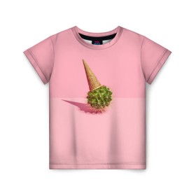 Детская футболка 3D с принтом Ванильный Кактус в Белгороде, 100% гипоаллергенный полиэфир | прямой крой, круглый вырез горловины, длина до линии бедер, чуть спущенное плечо, ткань немного тянется | вафля | вкусняшка | еда | жара | иголки | кактусы | картина | лед | лето | мимими | мороженка | мороженое | необычный | пломбир | растение | рожок | розовый | сладкое | сюрреализм | тень | эскимо