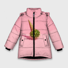 Зимняя куртка для девочек 3D с принтом Ванильный Кактус в Белгороде, ткань верха — 100% полиэстер; подклад — 100% полиэстер, утеплитель — 100% полиэстер. | длина ниже бедра, удлиненная спинка, воротник стойка и отстегивающийся капюшон. Есть боковые карманы с листочкой на кнопках, утяжки по низу изделия и внутренний карман на молнии. 

Предусмотрены светоотражающий принт на спинке, радужный светоотражающий элемент на пуллере молнии и на резинке для утяжки. | Тематика изображения на принте: вафля | вкусняшка | еда | жара | иголки | кактусы | картина | лед | лето | мимими | мороженка | мороженое | необычный | пломбир | растение | рожок | розовый | сладкое | сюрреализм | тень | эскимо