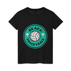 Женская футболка хлопок с принтом Пляжный волейбол в Белгороде, 100% хлопок | прямой крой, круглый вырез горловины, длина до линии бедер, слегка спущенное плечо | sport | volleyball | волейбол | игрок | лето | море | мяч | пальма | пляж | победа | спорт