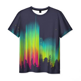 Мужская футболка 3D с принтом Северное сияние в Белгороде, 100% полиэфир | прямой крой, круглый вырез горловины, длина до линии бедер | бор | деревья | звездное | звезды | зеленый | кислота | кислотный | красный | лес | лучи | небо | ночь | природа | радужный | свет | север | тайга