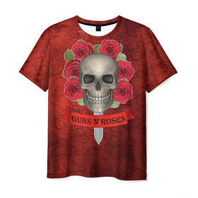 Мужская футболка 3D с принтом Gans N Roses в Белгороде, 100% полиэфир | прямой крой, круглый вырез горловины, длина до линии бедер | Тематика изображения на принте: gans n roses | группа | исполнители | меч | музыка | песни | розы | рок группа | череп