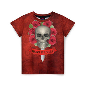 Детская футболка 3D с принтом Gans N Roses в Белгороде, 100% гипоаллергенный полиэфир | прямой крой, круглый вырез горловины, длина до линии бедер, чуть спущенное плечо, ткань немного тянется | gans n roses | группа | исполнители | меч | музыка | песни | розы | рок группа | череп