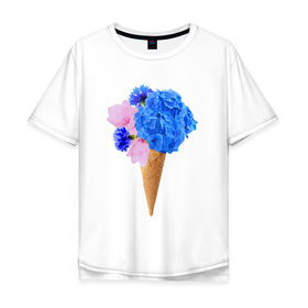 Мужская футболка хлопок Oversize с принтом Мороженое букет в Белгороде, 100% хлопок | свободный крой, круглый ворот, “спинка” длиннее передней части | Тематика изображения на принте: flowers | василек | вафля | гортензия | магнолия | рожок | розовый | синий | цветы