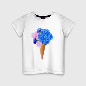 Детская футболка хлопок с принтом Мороженое букет в Белгороде, 100% хлопок | круглый вырез горловины, полуприлегающий силуэт, длина до линии бедер | Тематика изображения на принте: flowers | василек | вафля | гортензия | магнолия | рожок | розовый | синий | цветы