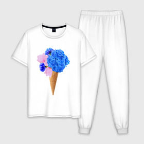 Мужская пижама хлопок с принтом Мороженое букет в Белгороде, 100% хлопок | брюки и футболка прямого кроя, без карманов, на брюках мягкая резинка на поясе и по низу штанин
 | flowers | василек | вафля | гортензия | магнолия | рожок | розовый | синий | цветы
