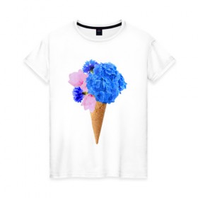 Женская футболка хлопок с принтом Мороженое букет в Белгороде, 100% хлопок | прямой крой, круглый вырез горловины, длина до линии бедер, слегка спущенное плечо | flowers | василек | вафля | гортензия | магнолия | рожок | розовый | синий | цветы