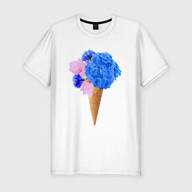 Мужская футболка премиум с принтом Мороженое букет в Белгороде, 92% хлопок, 8% лайкра | приталенный силуэт, круглый вырез ворота, длина до линии бедра, короткий рукав | flowers | василек | вафля | гортензия | магнолия | рожок | розовый | синий | цветы