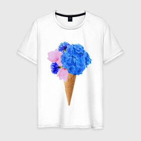 Мужская футболка хлопок с принтом Мороженое букет в Белгороде, 100% хлопок | прямой крой, круглый вырез горловины, длина до линии бедер, слегка спущенное плечо. | flowers | василек | вафля | гортензия | магнолия | рожок | розовый | синий | цветы