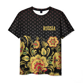 Мужская футболка 3D с принтом Россия в Белгороде, 100% полиэфир | прямой крой, круглый вырез горловины, длина до линии бедер | роспись | россия | хохлома | цветы | я русский