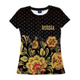 Женская футболка 3D с принтом Россия в Белгороде, 100% полиэфир ( синтетическое хлопкоподобное полотно) | прямой крой, круглый вырез горловины, длина до линии бедер | роспись | россия | хохлома | цветы | я русский