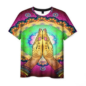 Мужская футболка 3D с принтом Meditation в Белгороде, 100% полиэфир | прямой крой, круглый вырез горловины, длина до линии бедер | 3d | indian | mandala | арт | йога | медитация | руки | узор | цветы