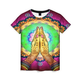 Женская футболка 3D с принтом Meditation в Белгороде, 100% полиэфир ( синтетическое хлопкоподобное полотно) | прямой крой, круглый вырез горловины, длина до линии бедер | 3d | indian | mandala | арт | йога | медитация | руки | узор | цветы
