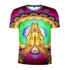 Мужская футболка 3D спортивная с принтом Meditation в Белгороде, 100% полиэстер с улучшенными характеристиками | приталенный силуэт, круглая горловина, широкие плечи, сужается к линии бедра | Тематика изображения на принте: 3d | indian | mandala | арт | йога | медитация | руки | узор | цветы