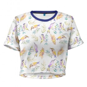Женская футболка 3D укороченная с принтом Пташки в Белгороде, 100% полиэстер | круглая горловина, длина футболки до линии талии, рукава с отворотами | bird | birds | feather | spring | весна | ветка | перья | птицы | птички