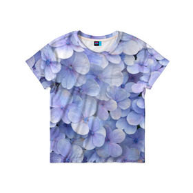 Детская футболка 3D с принтом Гортензия голубая в Белгороде, 100% гипоаллергенный полиэфир | прямой крой, круглый вырез горловины, длина до линии бедер, чуть спущенное плечо, ткань немного тянется | Тематика изображения на принте: hydrangea | лето | нежность | незабудка | цветы