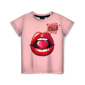 Детская футболка 3D с принтом Lips в Белгороде, 100% гипоаллергенный полиэфир | прямой крой, круглый вырез горловины, длина до линии бедер, чуть спущенное плечо, ткань немного тянется | 3d | love | pop art | арт | губы | девушкам | любовь | поп арт | поцелуй | розовый | сердечки